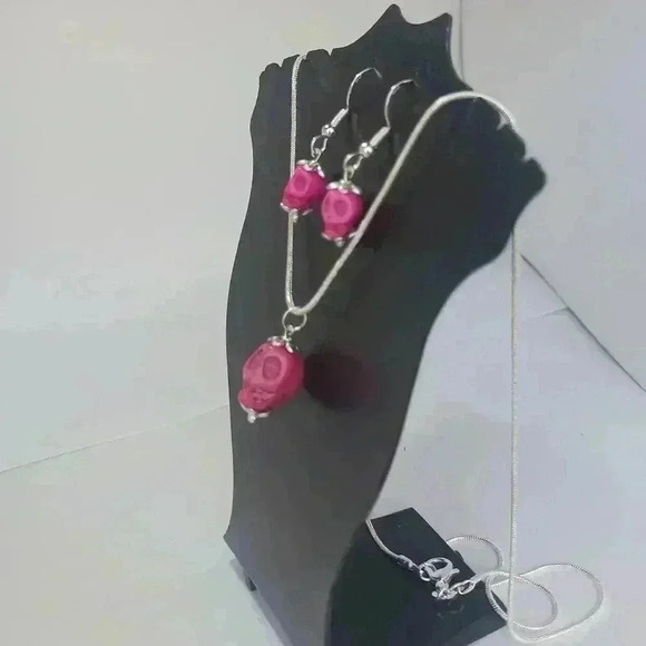 Skull Flowers and Pink Howlite Turquoise Skull Earrings and Necklace Set - Picture 3 of 5